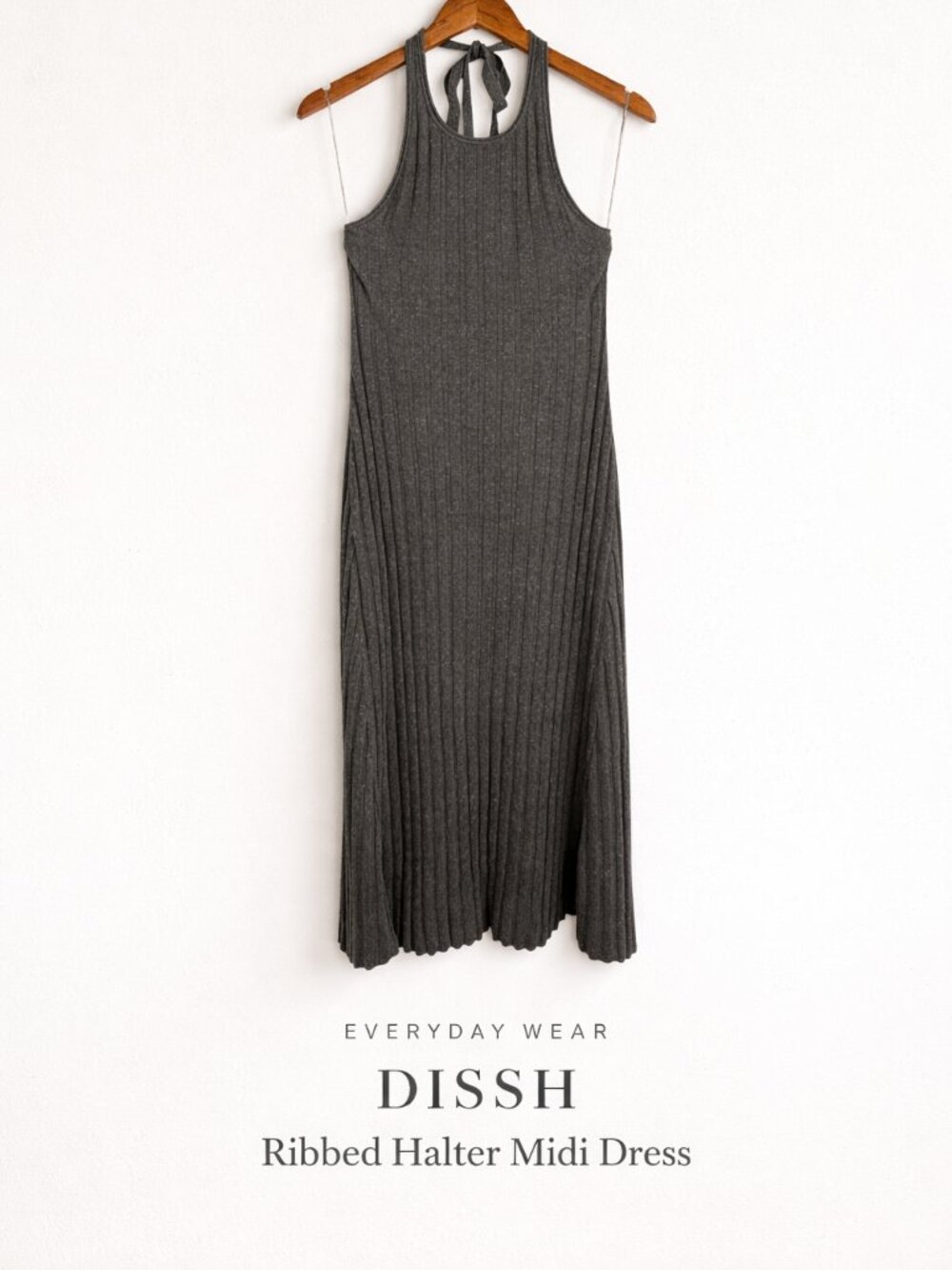 DISSH Ribbed Halter Maxi Dress Gray Linen Blend Tie Back Size L